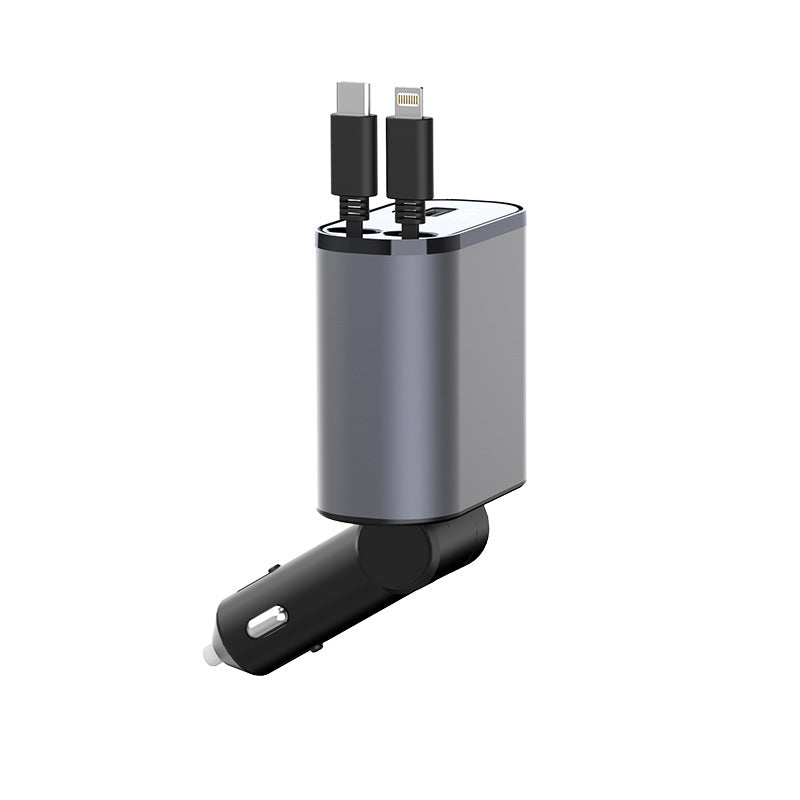 Silver-and-black retractable car charger adapter with dual USB Type-C plugs
