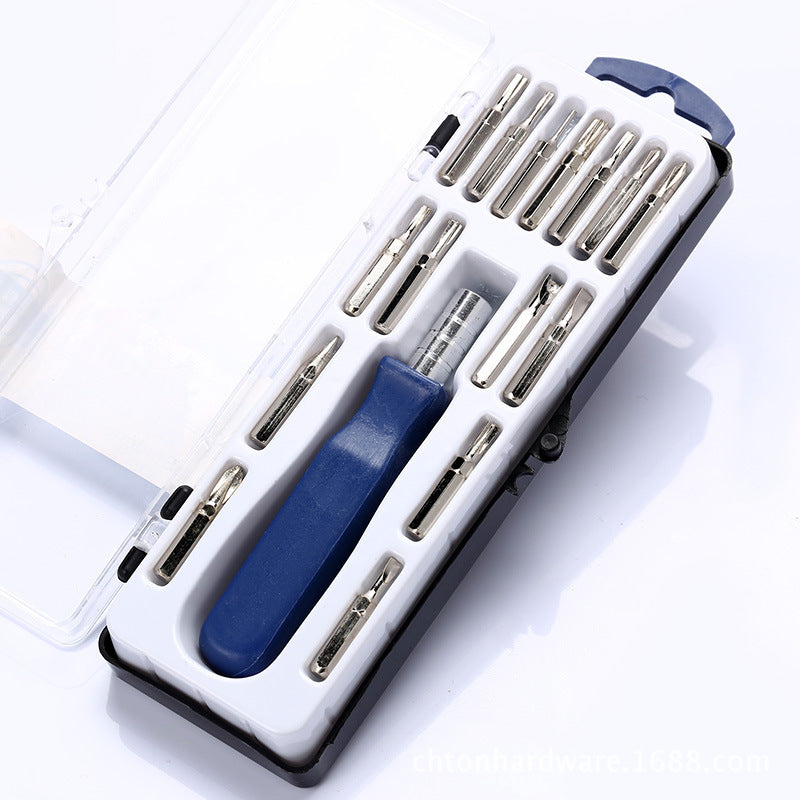 Multi-function screwdriver set in white case with blue handle and assorted bit tools