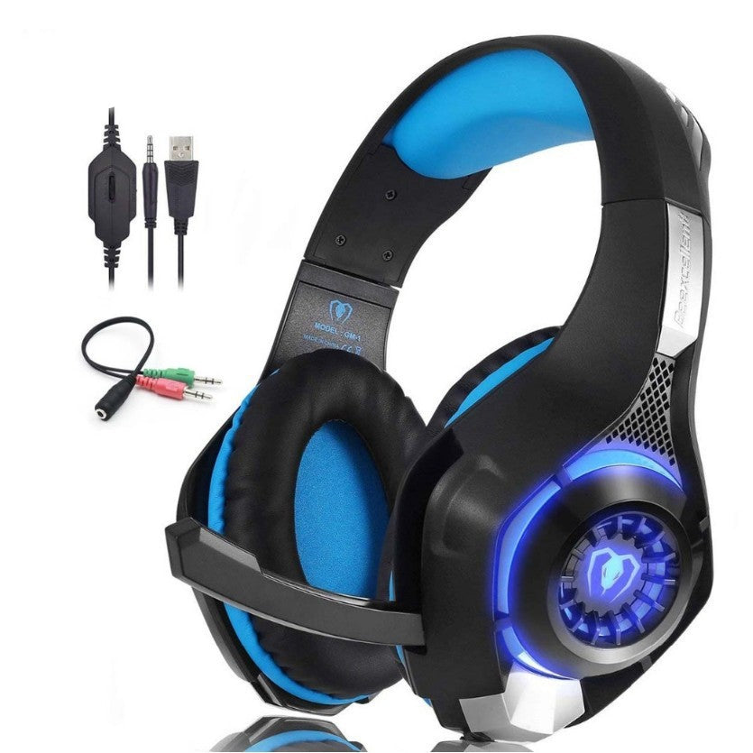 Gaming headphones with blue LED driver, cushioned pads, and included wired leads