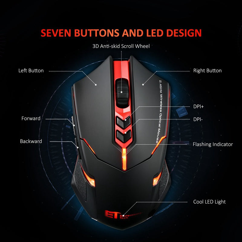 Red-accent black gaming mouse with seven buttons and cool LED light