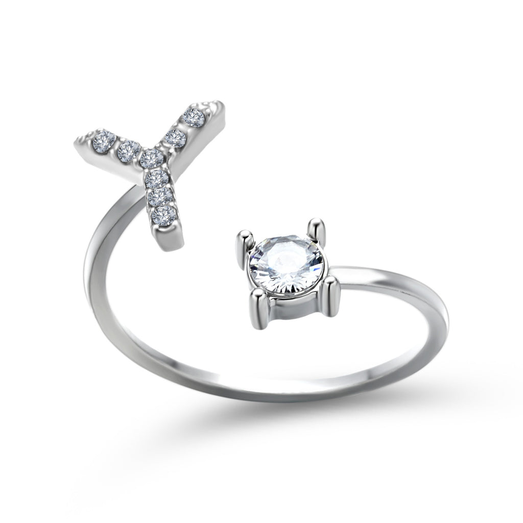 Adjustable initial letter ring with crossbar pavé letter and round crystal, silver tone