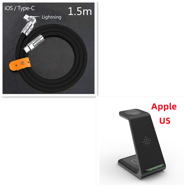 Charging cable set with 1.5m USB and black 3-in-1 wireless charging stand