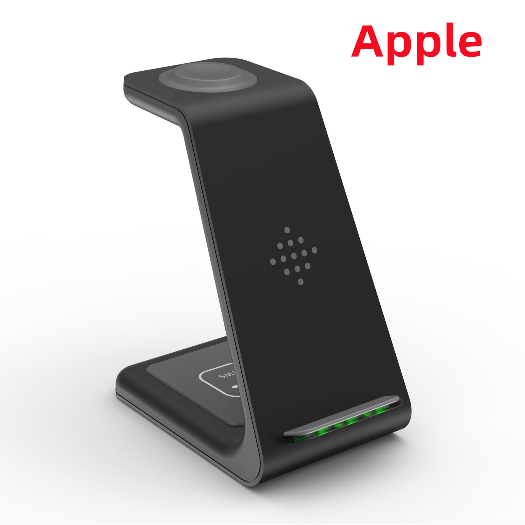 3-in-1 wireless charging stand, black stand with charging pads and green-lit port