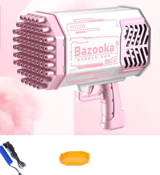 Pink bubble gun toy with 69-hole barrel, white front panel and trigger
