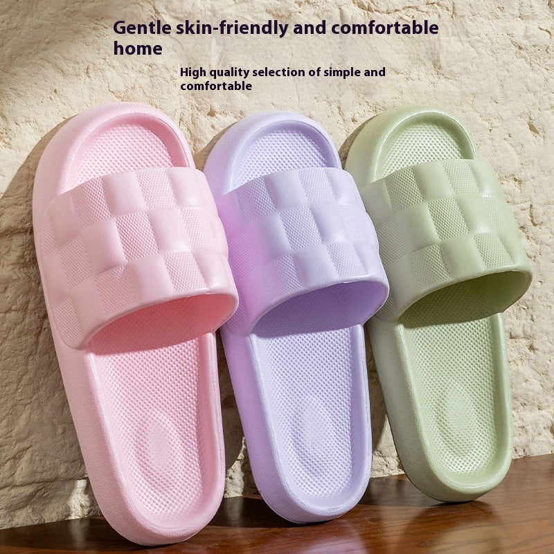 Women's EVA slide sandals in pink, purple, and light green with checker strap