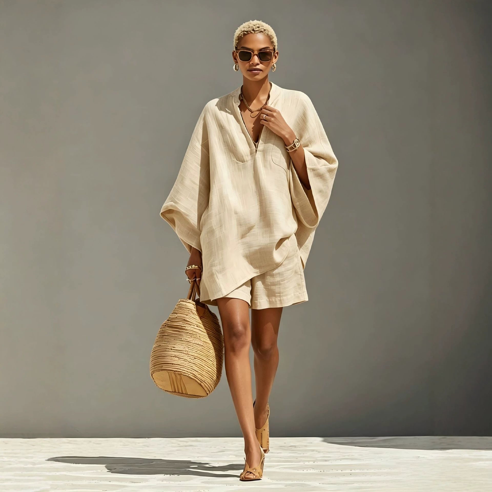Off-white loose V-neck set with batwing sleeves and matching shorts, front view