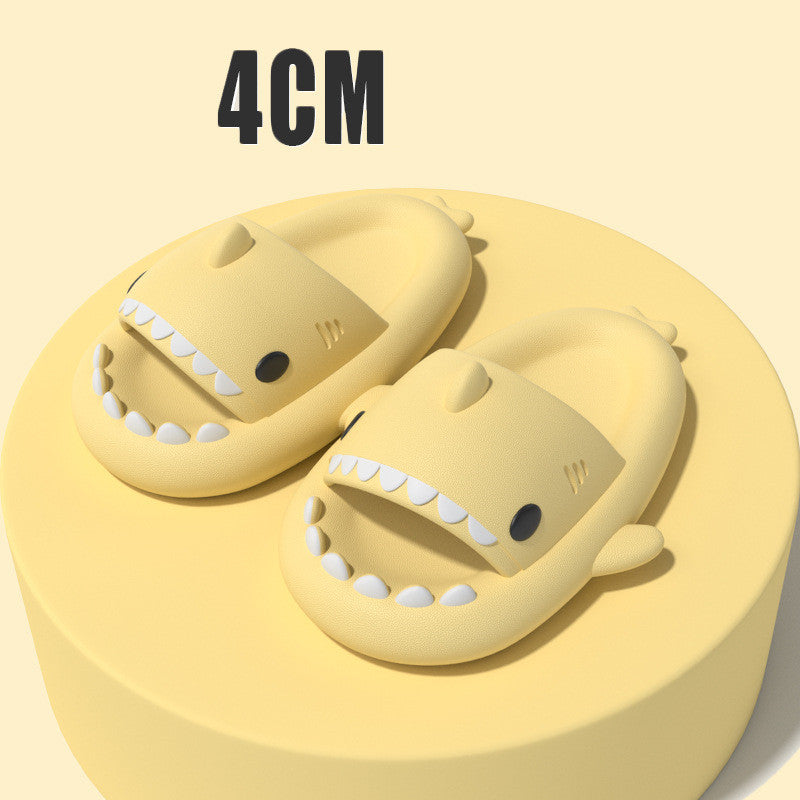 Cartoon shark slippers, beige slide-on sandals with white teeth and fin details