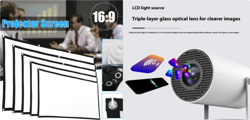 Portable projector with lens, projected screen panel and feature graphic