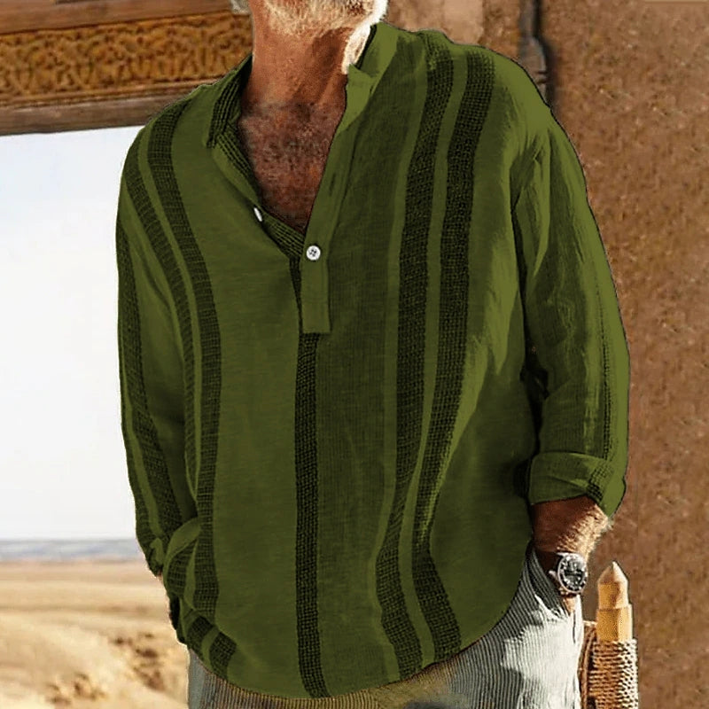Men's striped stand-collar slub linen casual shirt, green with vertical stripes