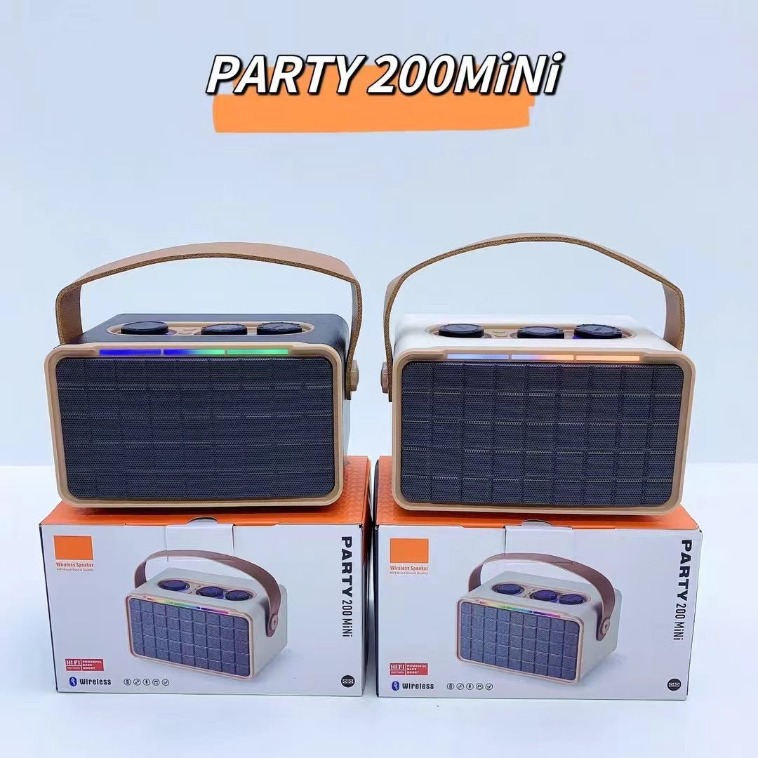 Pair of khaki outdoor Bluetooth speakers, dark grilles and RGB strip lights