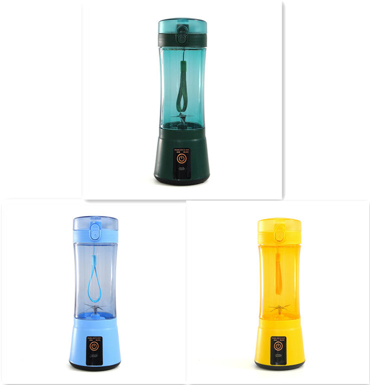 Portable electric fruit juicer blender with dark green, blue, and yellow translucent cups, black base
