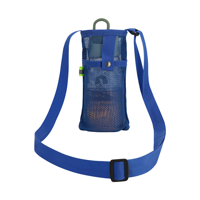 Mesh water bottle holder sling bag in blue with adjustable shoulder strap and buckle