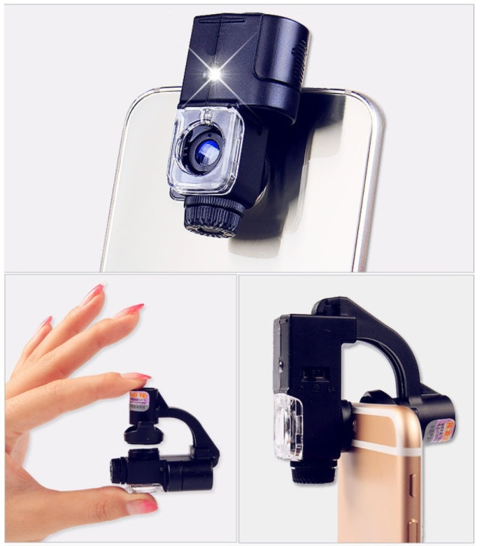 Black clip-on magnifying lens with light shown on a phone from multiple angles