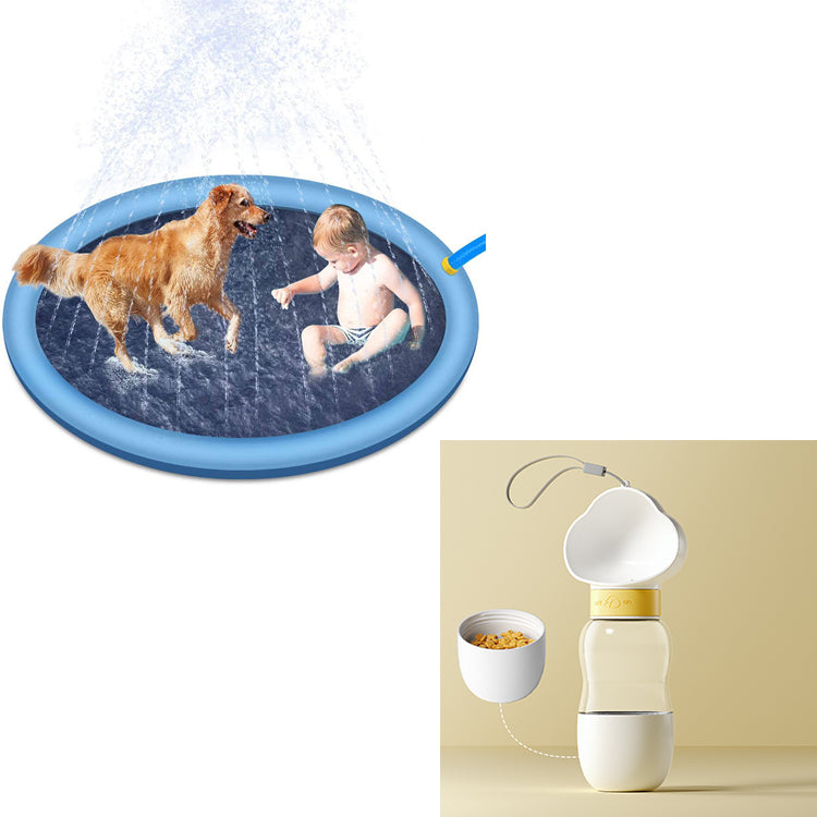 Blue inflatable splash pad with sprinkler jets and included water bottle set for outdoor play