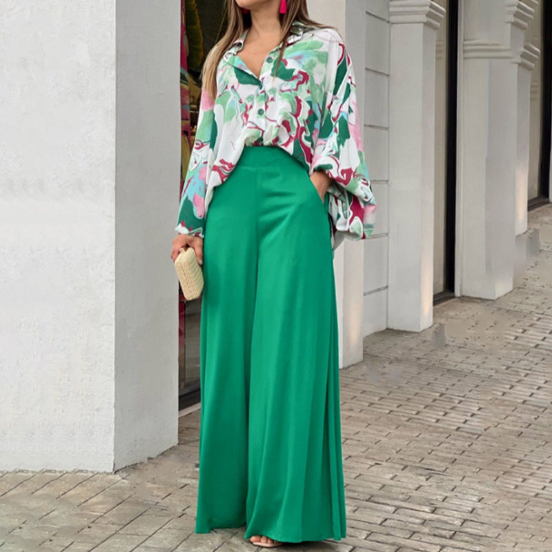 Printed shirt top and wide-leg pants set, multicolor print, green wide-leg pants