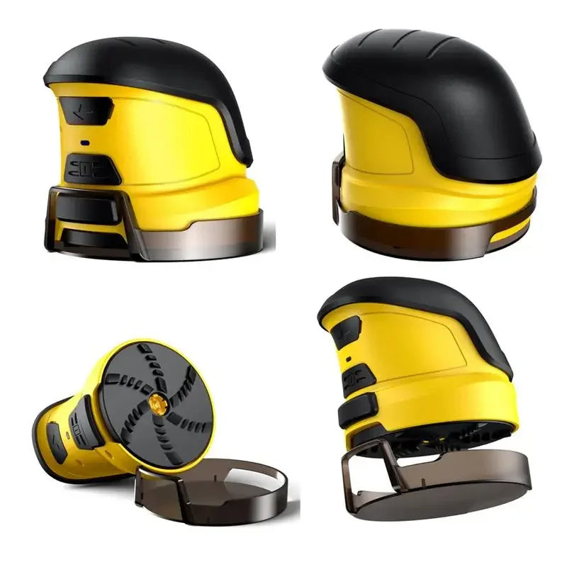 Yellow cordless electric snow scraper set with black hood and base stand