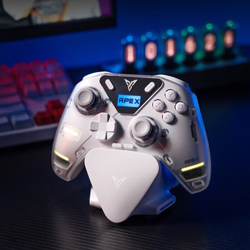 Mobile clip-on game controller, light gray with thumbsticks and D-pad