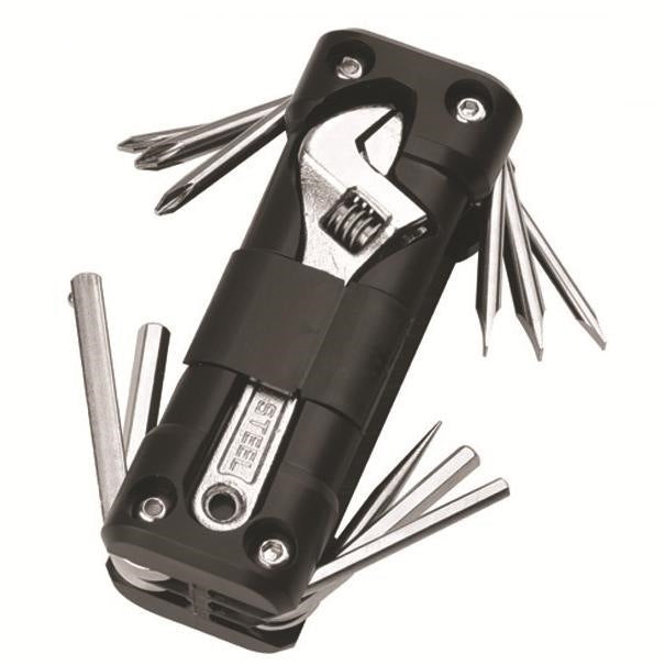 Black portable tool set with wrench bit holder and multi-tools