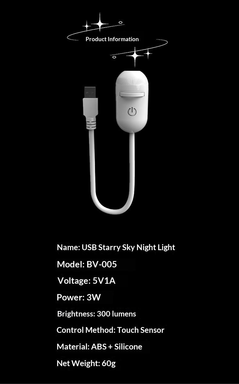 USB charging star night light lamp with cable, power button, and sensor
