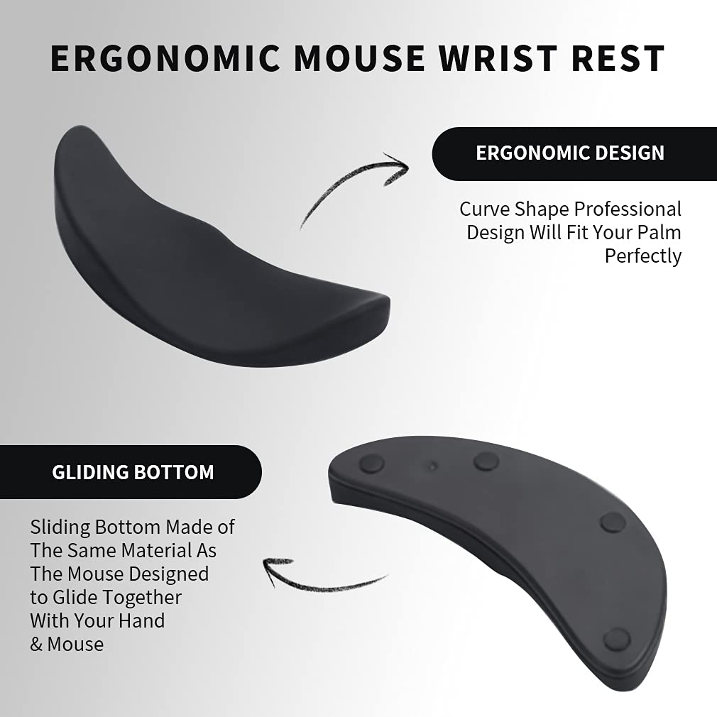 Ergonomic mouse wrist rest, black curved design with textured underside pads