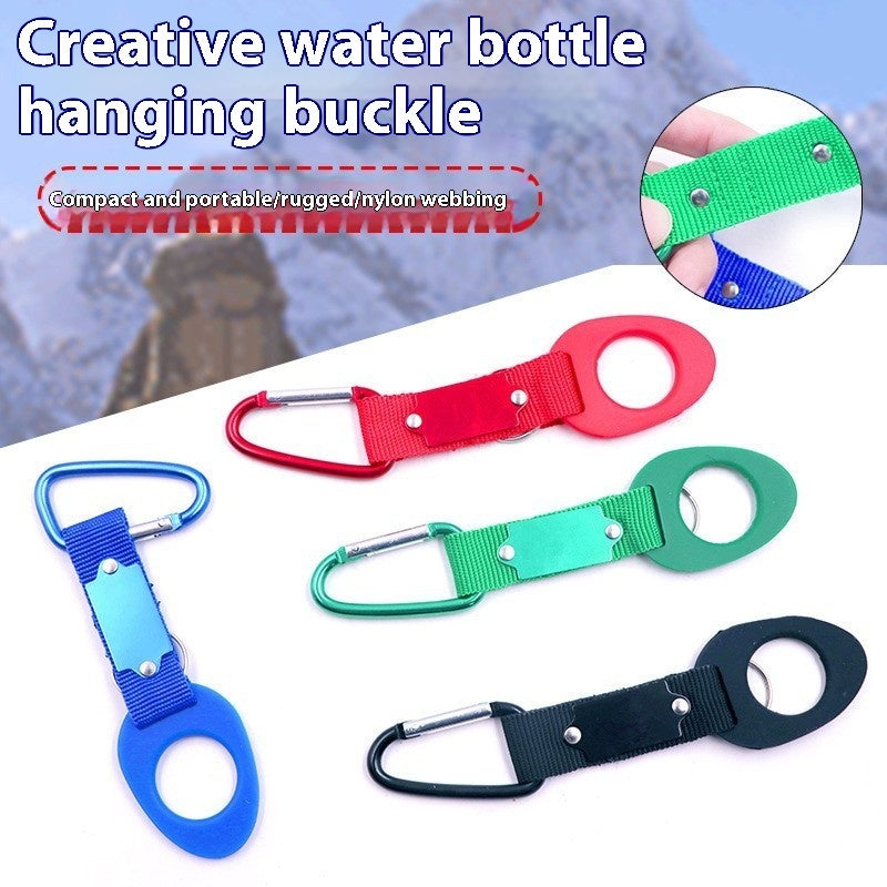 Sports water bottle hanging buckle strap with loop, red and blue and green options shown