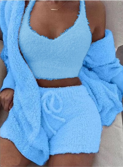 3-piece fuzzy lounge set with cropped tank, drawstring shorts, and wrap top, blue
