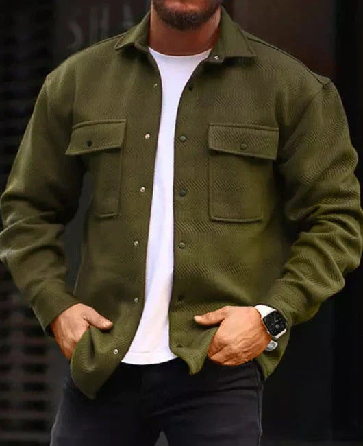Men's polo-collar coat shirt in olive green with button front and flap chest pockets.
