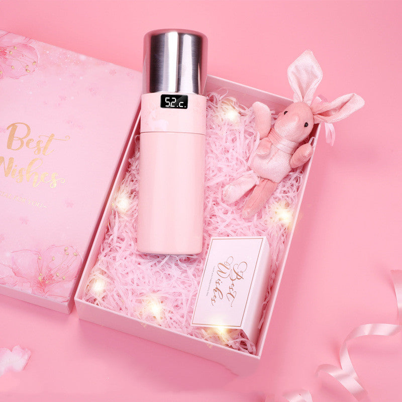 Pink vacuum temperature bottle in gift box with 52°C temperature display