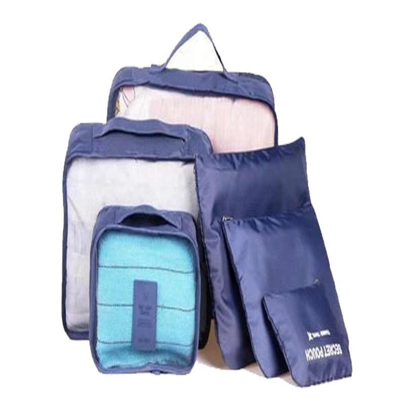 Travel packing cube set in navy blue with clear mesh panels and zip compartments