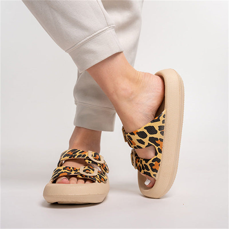 Leopard print thick-soled EVA sandals with two buckle straps, tan outsole
