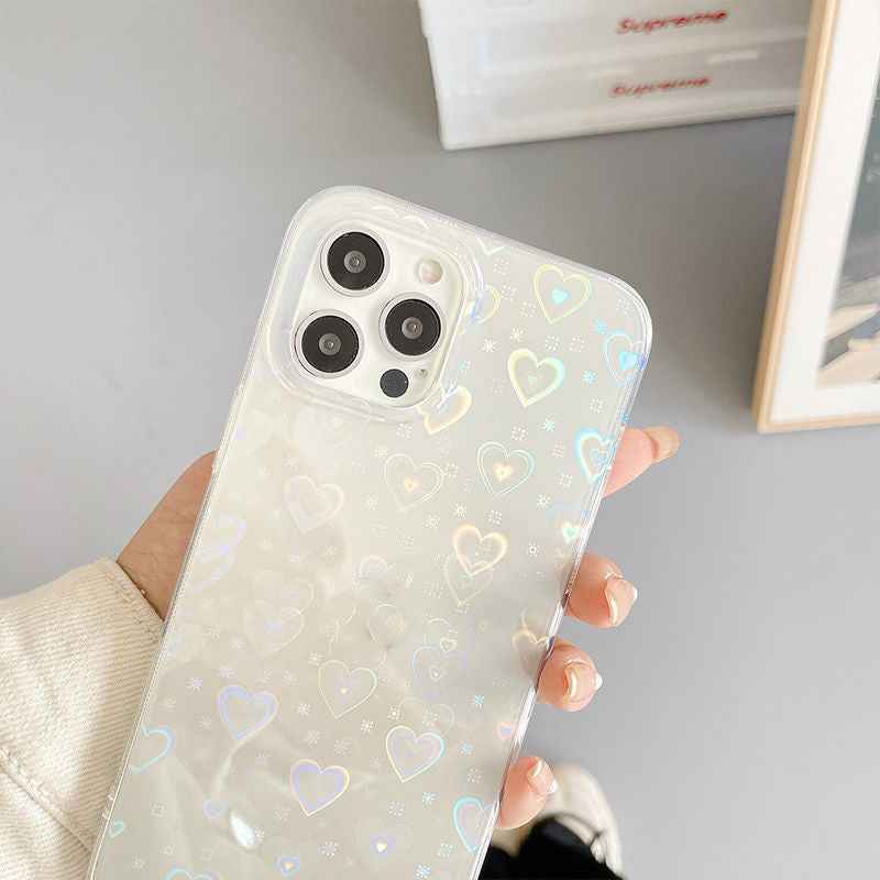 Translucent silicone phone case with pastel heart pattern, raised camera openings