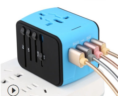Blue multi-function socket adapter with multi-port top and attached power plug