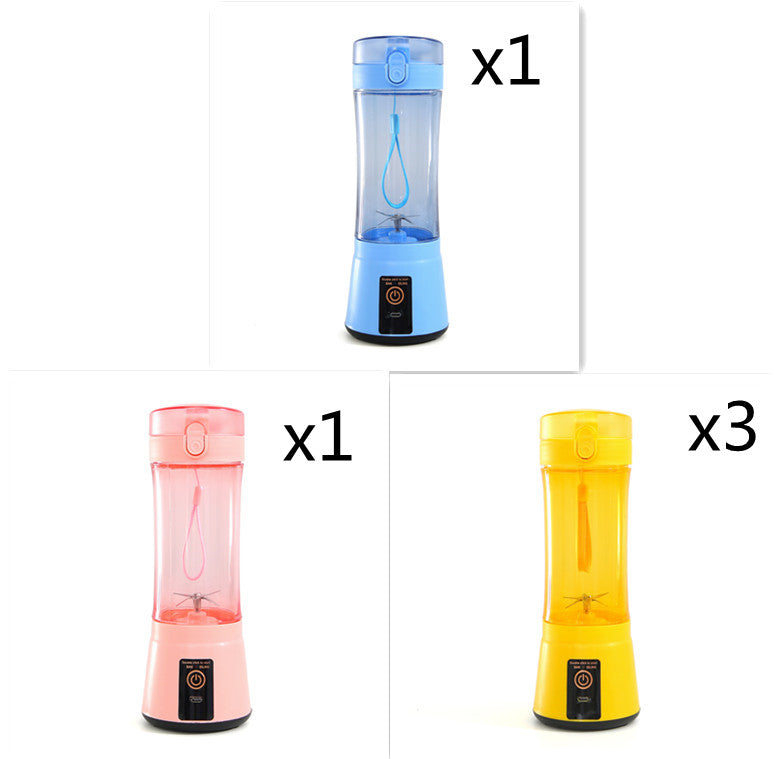 Portable electric fruit juicer mini blender set with light blue, pink, and yellow containers