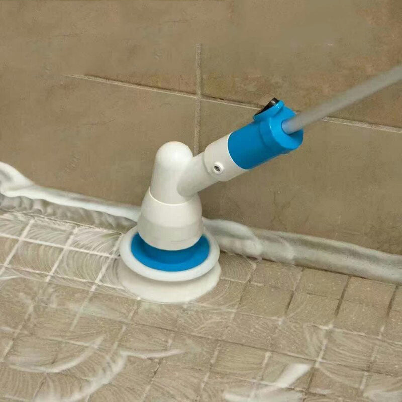 Electric cleaning brush with round rotating pad and blue nozzle for grout and tiles