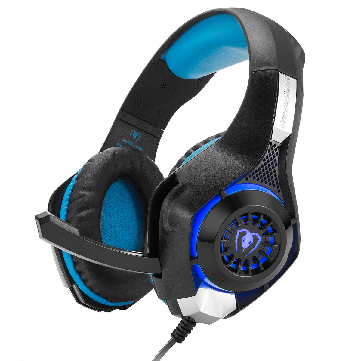 Gaming headphones with black frame, blue LED driver detail, and padded ear cups