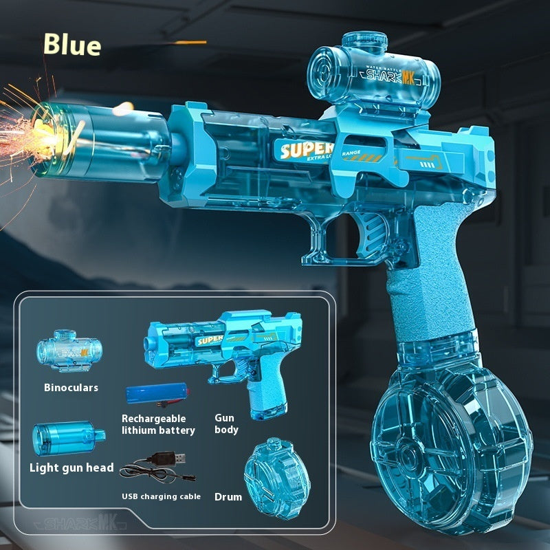 Blue electric water gun with clear water drum and top scope module