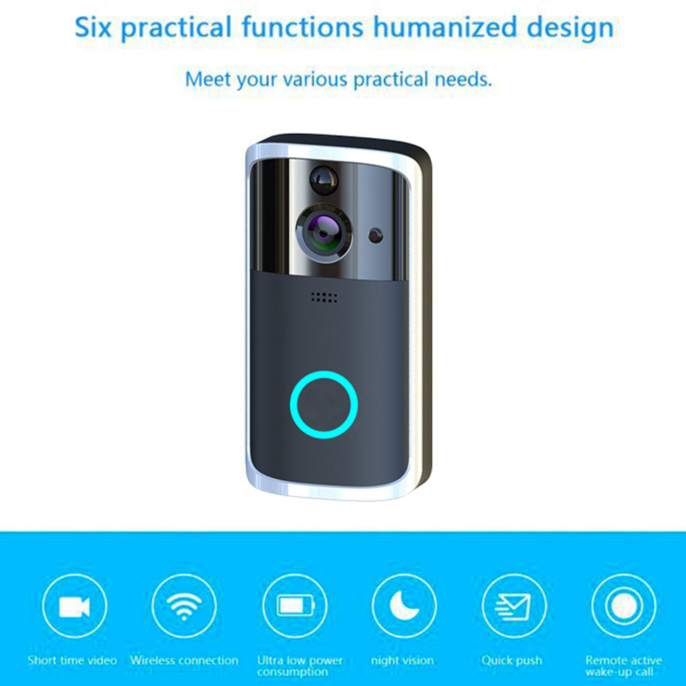 Black WiFi video doorbell camera front view with blue status ring and lens