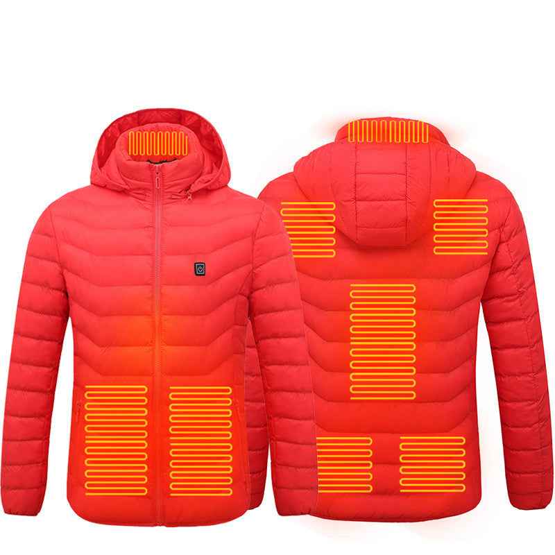 Red heated puffer jacket with glowing front and back heater panels