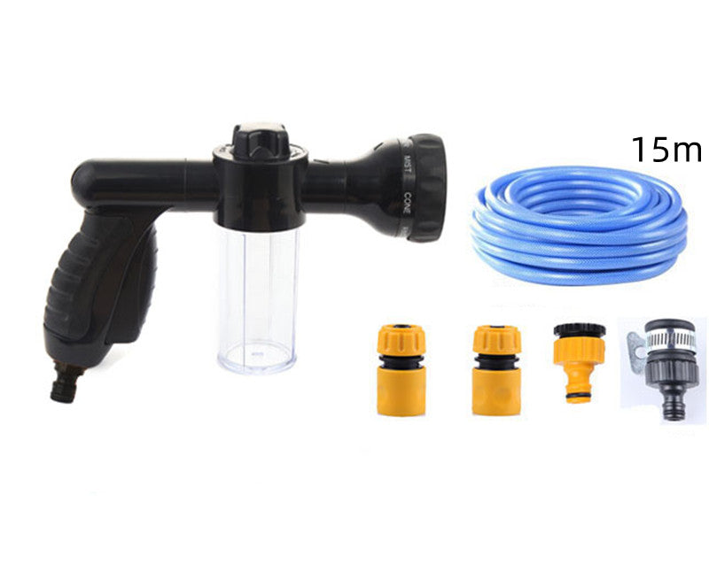 Black foam spray gun with clear bottle, blue hose coil, and four included yellow/gray parts