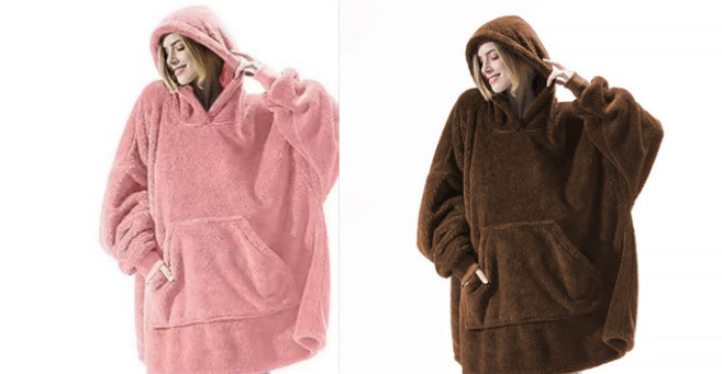 Fleece hoodie sweatshirt in pink and dark brown, hooded with large front pocket