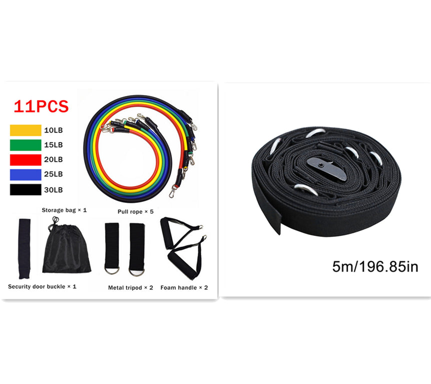 11-piece resistance rope band set with multicolor loops, hooks, pouch, and carrying strap