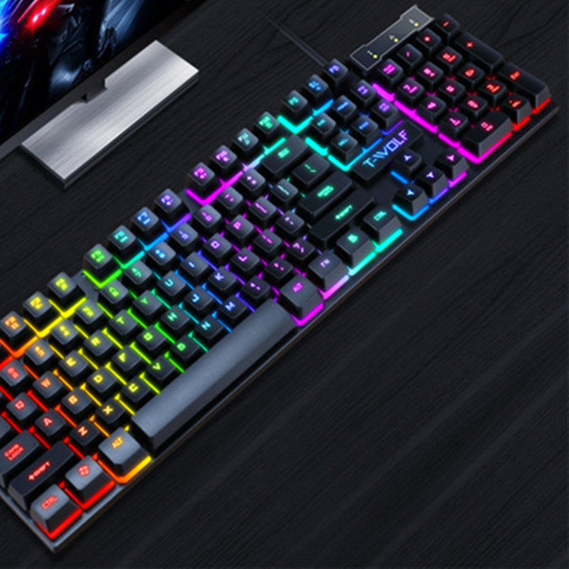 Gaming wired keyboard with multicolor RGB backlit keys and T-vWolf logo on deck