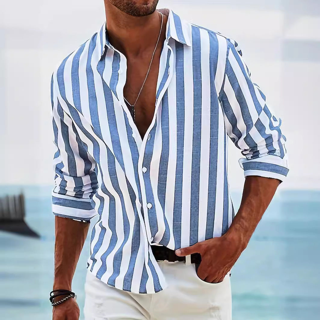 Men's striped casual shirt with blue-and-white vertical stripes, long sleeves