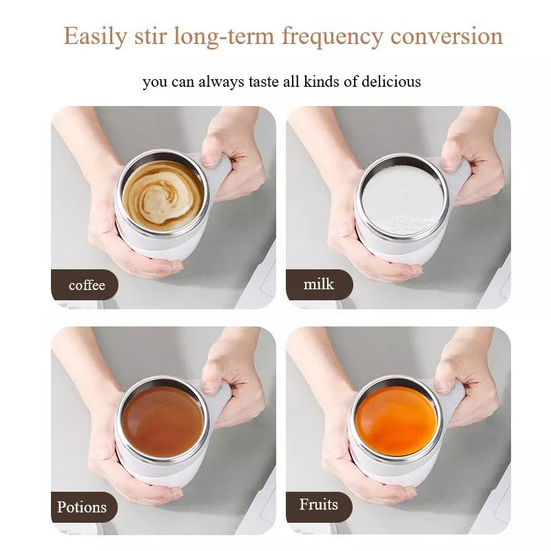 Electric stirring cup stirring drinks, hands holding white cup with brown, milk, and orange liquids