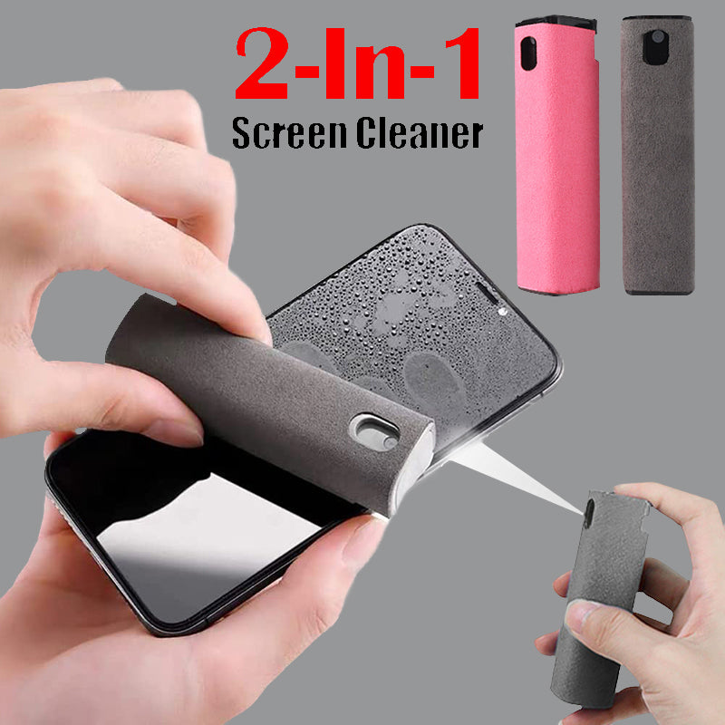 Portable screen cleaner set with storage cap, pink and dark gray cloth roller for phones