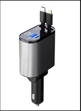 Car cigarette lighter USB charger with Type-C ports, silver and black metal body