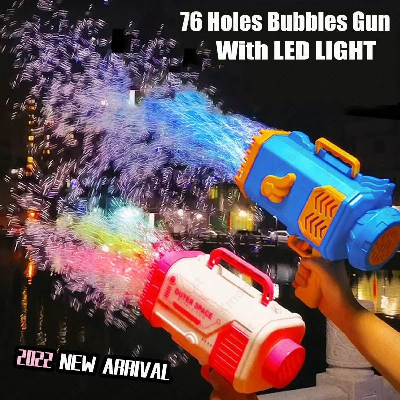 Blue bubble gun toy with colorful bubble stream and bright light effect near the nozzle