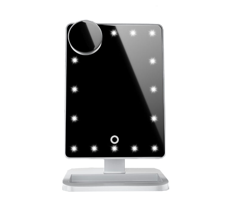 Touch-screen makeup mirror with stand, black glass, silver frame and base