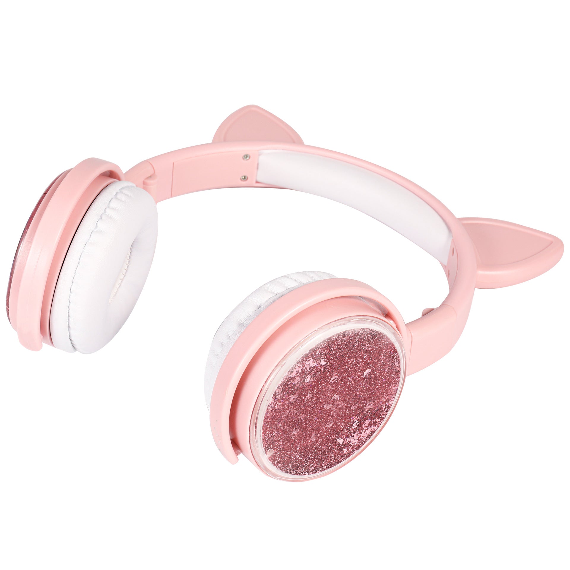 Pink cat-ear headphones with white cushioned ear pads and glitter speaker details