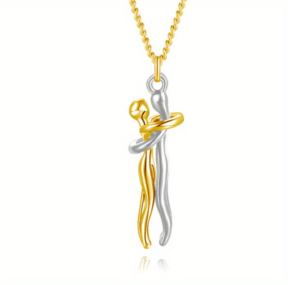 Love hug pendant necklace with gold and silver hugging hands on a chain